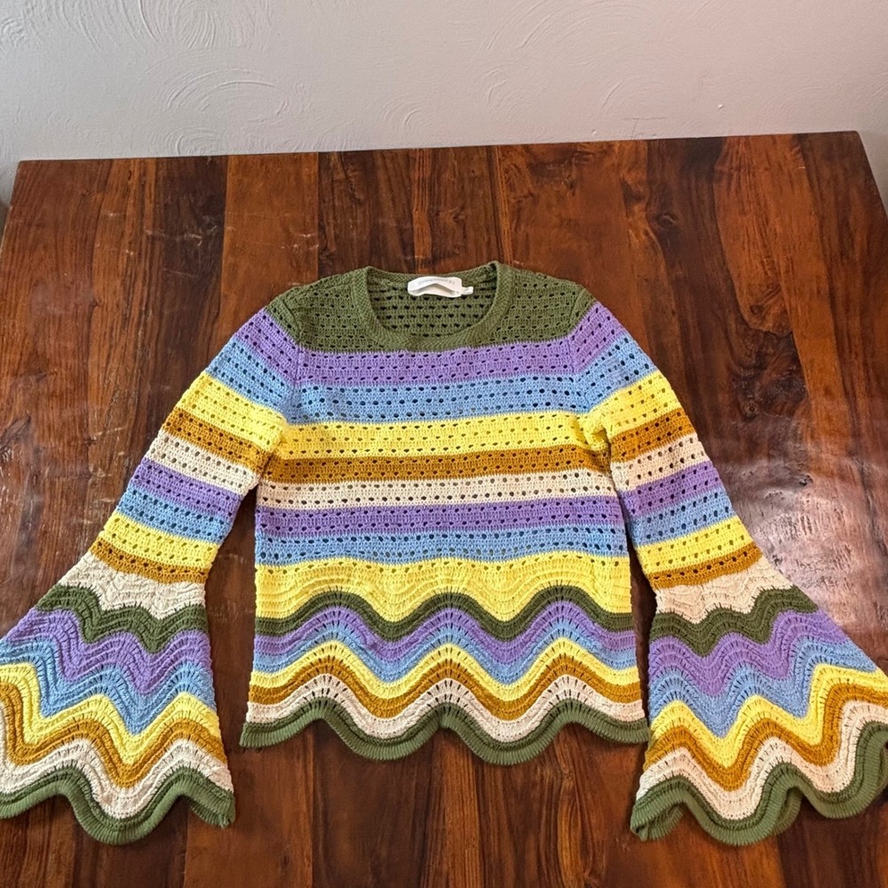 Zimmermann Multi Color Crochet Knit Bell Sleeve Scalloped Sweater Size 0